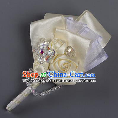 Top Grade Classical Wedding Beige Ribbon Corsage Brooch, Groom Emulational Corsage Groomsman Brooch Flowers for Men