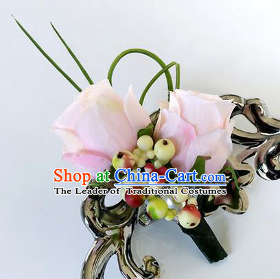 Top Grade Classical Wedding Pink Roses Corsage Brooch, Groom Emulational Corsage Groomsman Brooch Flowers for Men