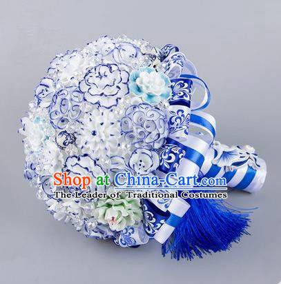 Top Grade Classical China Wedding Blue and White Porcelain Flowers, Bride Holding Emulational Flowers Ball, Hand Tied Bouquet Flowers for Women