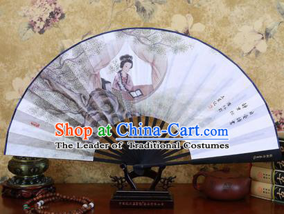 Traditional Chinese Crafts Ebonize Folding Fan, China Sensu Ink Painting Beauty Silk Fan Hanfu Fans for Men
