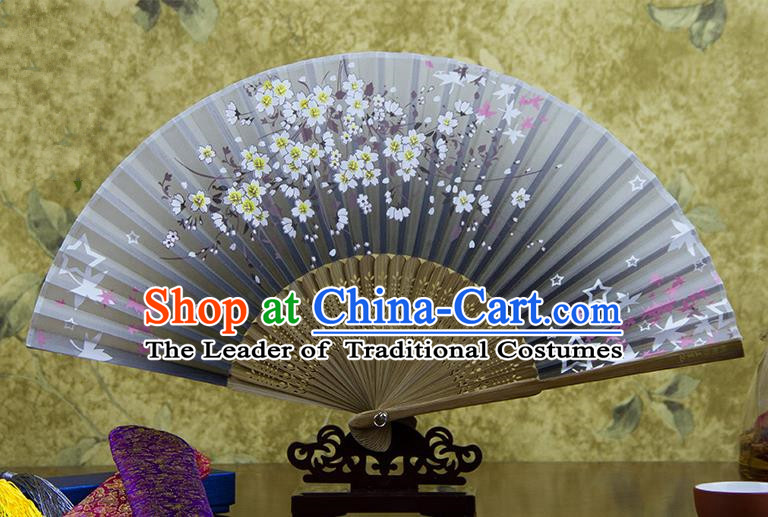 Traditional Chinese Handmade Crafts Hand Painting Flowers Folding Fan, China Classical Oriental Cherry Sensu Grey Silk Fan Hanfu Fans for Women