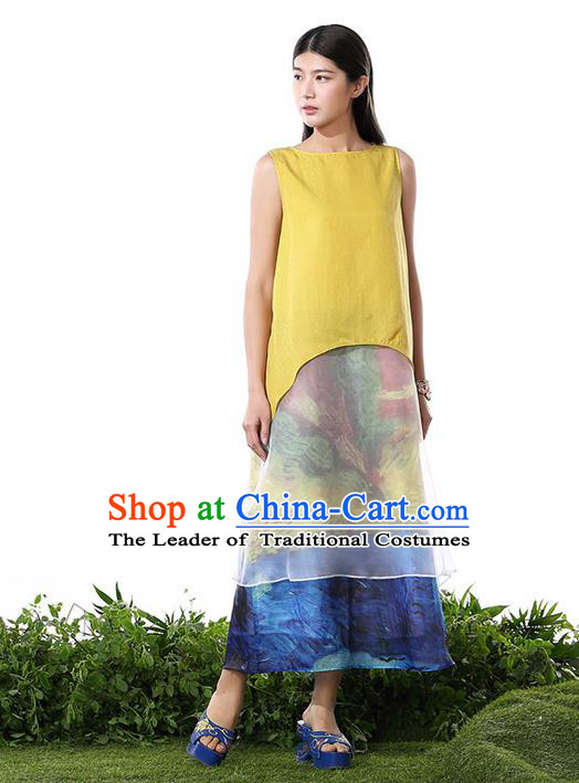 Traditional Chinese Costume Elegant Hanfu Printing Silk Dress, China Tang Suit Cheongsam Yellow Qipao Dress Clothing for Women