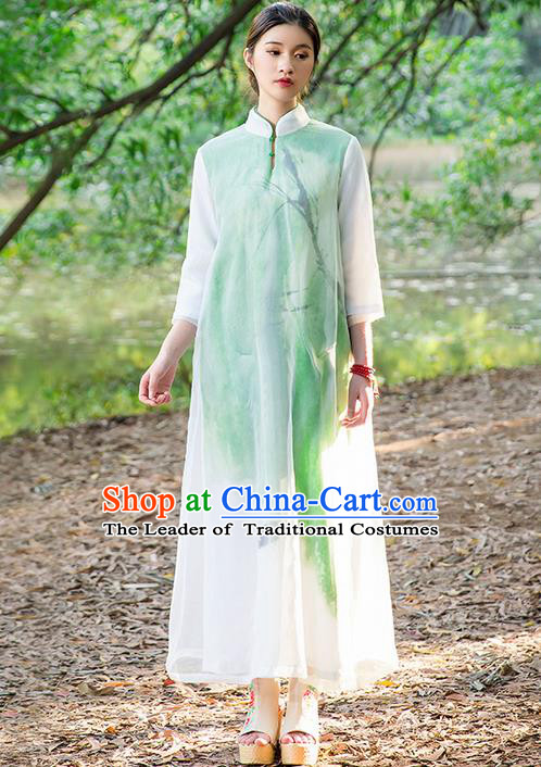 Traditional Chinese Costume Elegant Hanfu Printing Silk Dress, China Tang Suit Plated Buttons Cheongsam Green Qipao Dress Clothing for Women