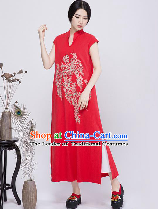 Traditional Chinese Costume Elegant Hanfu Embroidered Dress, China Tang Suit Cheongsam Red Qipao Dress Clothing for Women