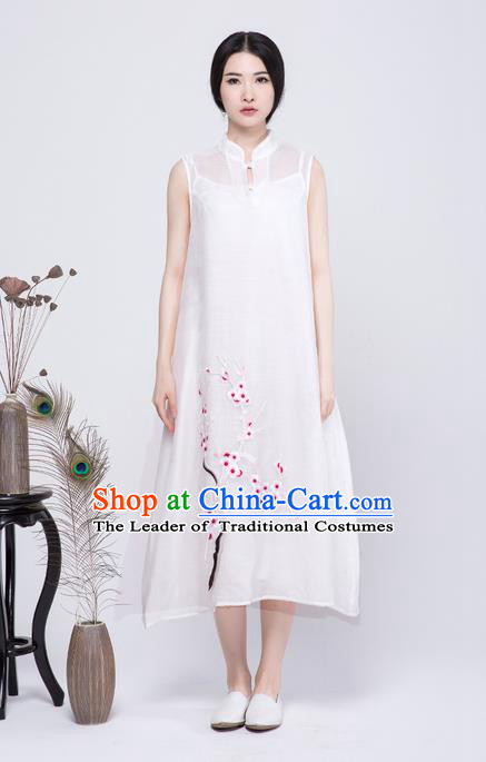 Traditional Chinese Costume Elegant Hanfu Embroidery Plum Blossom Dress, China Tang Suit Cheongsam White Qipao Dress Clothing for Women