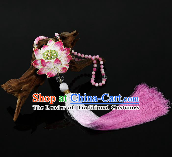 Traditional Chinese Accessories National Embroidered Lotus Necklace, China Pink Chalcedony Beads Tassel Necklet for Women