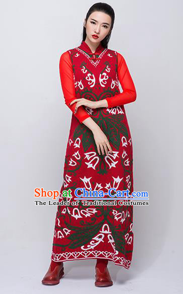 Traditional Chinese Costume Elegant Hanfu Woolen Dress, China Tang Suit Plated Buttons Red Cheongsam Qipao Dress Clothing for Women
