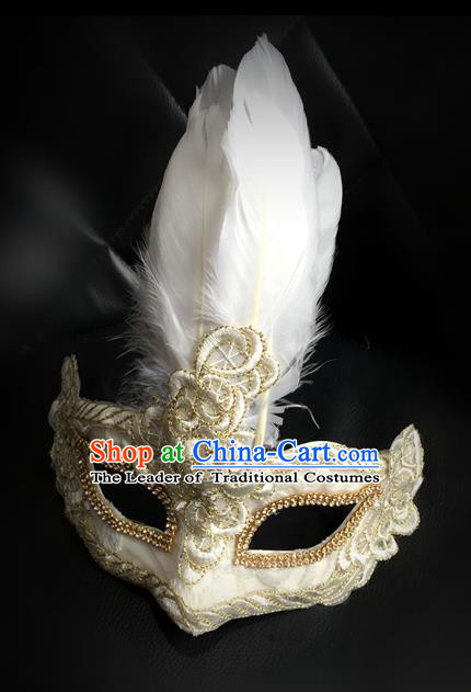 Top Grade Chinese Theatrical Luxury Headdress Ornamental Feather Mask, Halloween Fancy Ball Ceremonial Occasions Handmade White Face Mask for Men