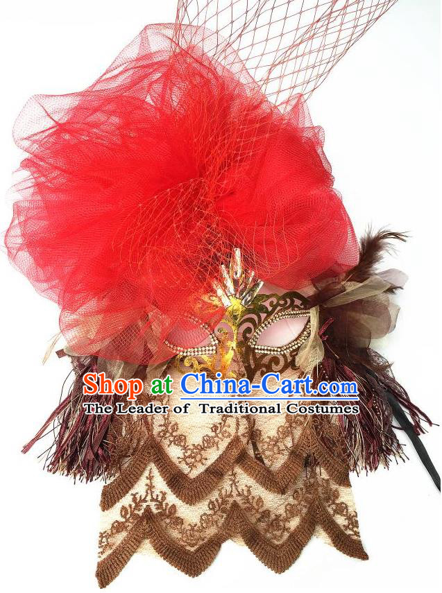 Top Grade Chinese Theatrical Luxury Headdress Ornamental Red Lace Mask, Halloween Fancy Ball Ceremonial Occasions Handmade Veil Face Mask for Women