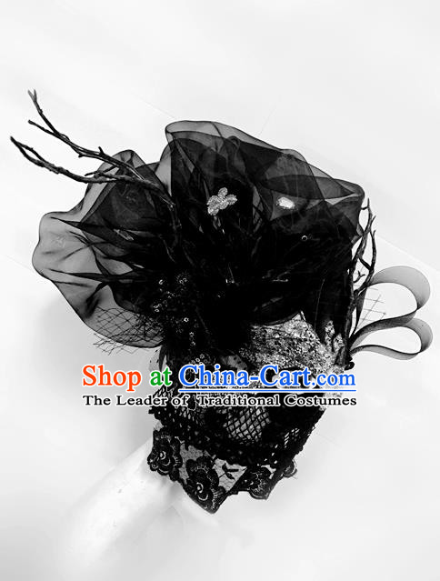 Top Grade Chinese Theatrical Luxury Headdress Ornamental Black Veil Mask, Halloween Fancy Ball Asian Headpieces Model Show Headwear for Women