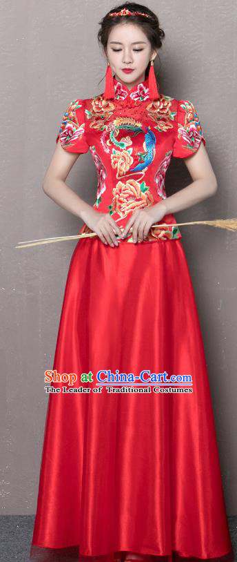 Traditional Ancient Chinese Wedding Costume Handmade XiuHe Suits Embroidery Peony Dress Bride Toast Red Cheongsam, Chinese Style Hanfu Wedding Clothing for Women