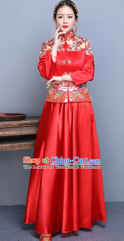 Traditional Ancient Chinese Wedding Costume Handmade XiuHe Suits Embroidery Peony Xi Clothing Bride Toast Cheongsam, Chinese Style Hanfu Wedding Clothing for Women