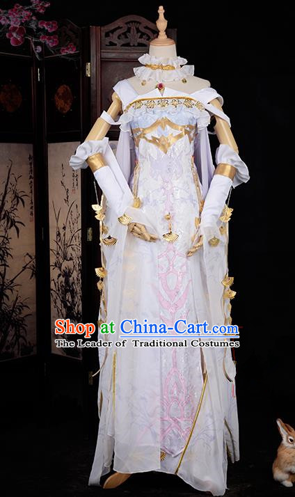 Chinese Ancient Cosplay Han Dynasty Royal Princess Costumes, Chinese Traditional White Dress Clothing Chinese Cosplay Swordsman Costume for Women