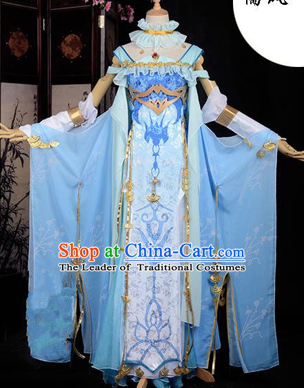 Chinese Ancient Cosplay Han Dynasty Royal Princess Costumes, Chinese Traditional Blue Dress Clothing Chinese Cosplay Swordsman Costume for Women