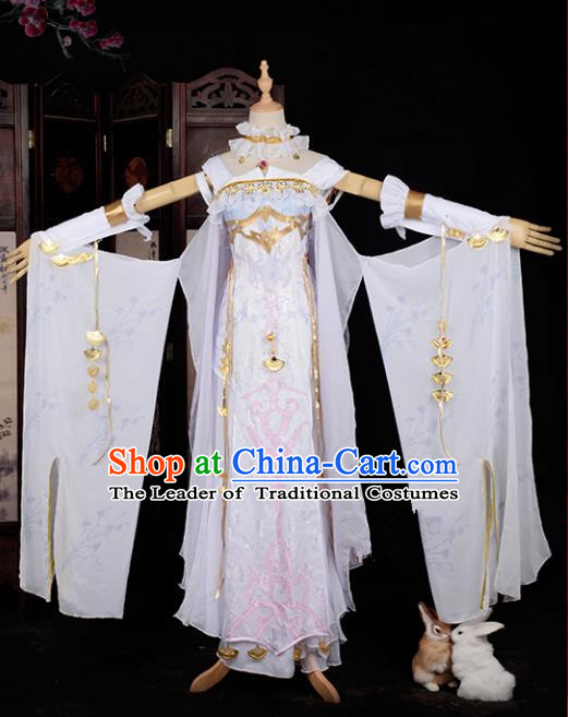 Chinese Ancient Cosplay Tang Dynasty Palace Lady Dance Costumes, Chinese Traditional White Hanfu Dress Clothing Chinese Cosplay Imperial Princess Costume for Women