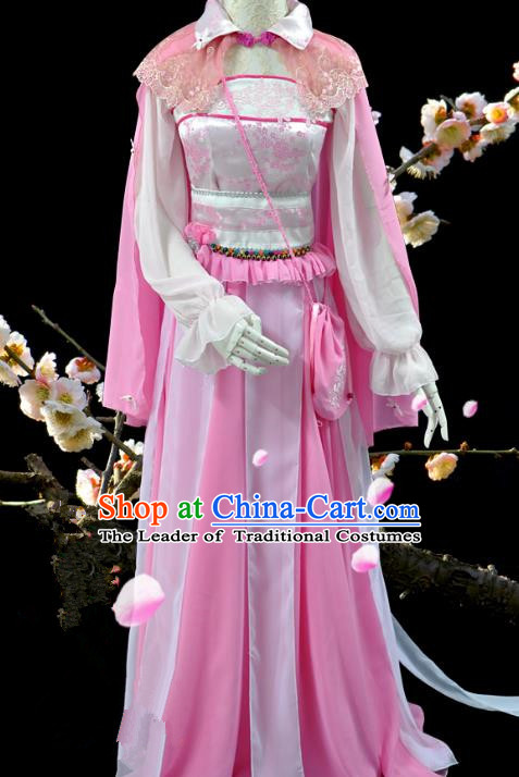 Chinese Ancient Cosplay Swordswoman Pink Costumes, Chinese Traditional Dress Clothing Chinese Cosplay Princess Costume for Women