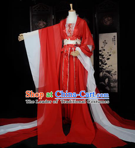 Chinese Ancient Cosplay Tang Dynasty Princess Fairy Wedding Red Dress, Chinese Traditional Hanfu Clothing Chinese Palace Lady Costume for Women