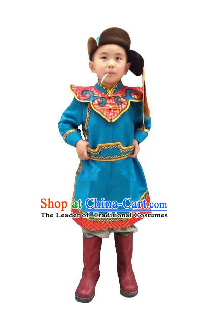 Traditional Chinese Mongol Nationality Dance Costume Handmade Blue Suede Fabric Mongolian Robe, China Mongolian Minority Nationality Clothing for Kids