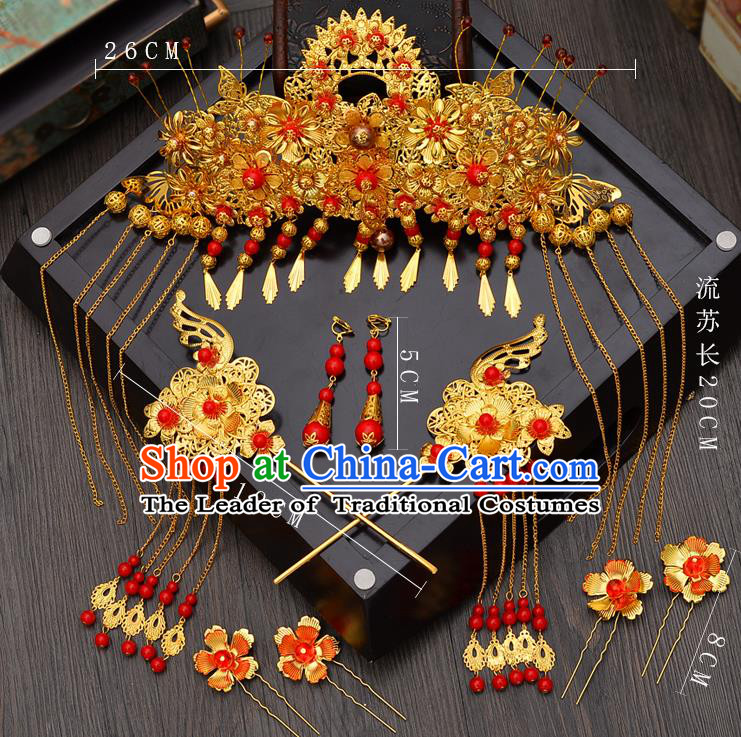 Traditional Handmade Chinese Ancient Classical Hair Accessories Xiuhe Suit Golden Tassel Hairpin Phoenix Coronet Complete Set, Hair Sticks Hair Jewellery Hair Fascinators for Women