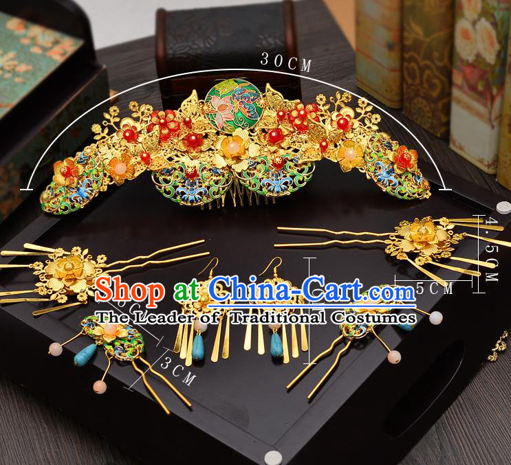 Traditional Handmade Chinese Ancient Classical Hair Accessories Xiuhe Suit Hairpin Cloisonn Lotus Phoenix Coronet Complete Set, Hair Sticks Hair Jewellery Hair Fascinators for Women