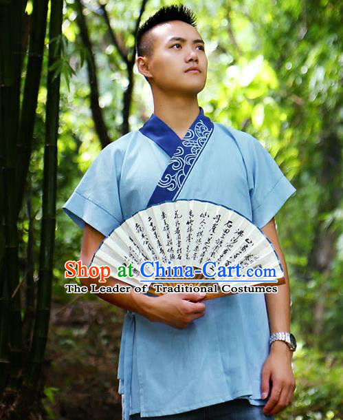 Traditional Chinese Han Dynasty Nobility Childe Hanfu Costume Slant Opening Blue Shirt, China Ancient Martial Arts Embroidery Upper Garment Clothing for Men