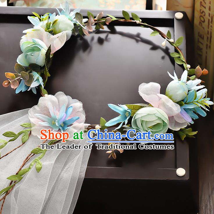Top Grade Handmade Chinese Classical Hair Accessories Baroque Style Wedding Blue Flowers Headband and Veil, Bride Hair Sticks Hair Clasp for Women