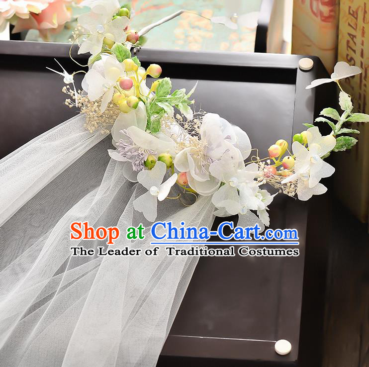 Top Grade Handmade Chinese Classical Hair Accessories Baroque Style Wedding White Flowers Garland and Veil, Bride Hair Sticks Hair Clasp for Women