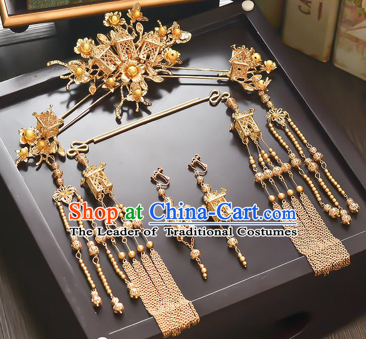 Traditional Handmade Chinese Ancient Classical Hair Accessories Xiuhe Suit Golden Tassel Hairpin Step Shake Phoenix Coronet Complete Set, Hair Sticks Hair Jewellery Hair Fascinators for Women