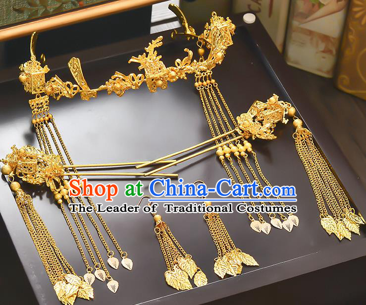 Traditional Handmade Chinese Ancient Classical Hair Accessories Xiuhe Suit Red Tassel Hairpin Step Shake Hair Clasp Complete Set, Hair Sticks Hair Jewellery Hair Fascinators for Women
