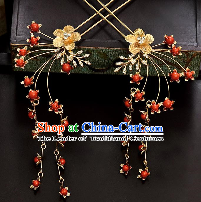 Traditional Handmade Chinese Ancient Classical Hair Accessories Barrettes Hanfu Hairpin Golden Flower Tassel Step Shake, Bride Hair Fascinators Hairpins for Women
