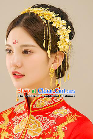 Traditional Handmade Chinese Ancient Wedding Hair Accessories Xiuhe Suit Tassel Step Shake Phoenix Coronet Complete Set, Bride Hair Sticks Hair Jewellery for Women