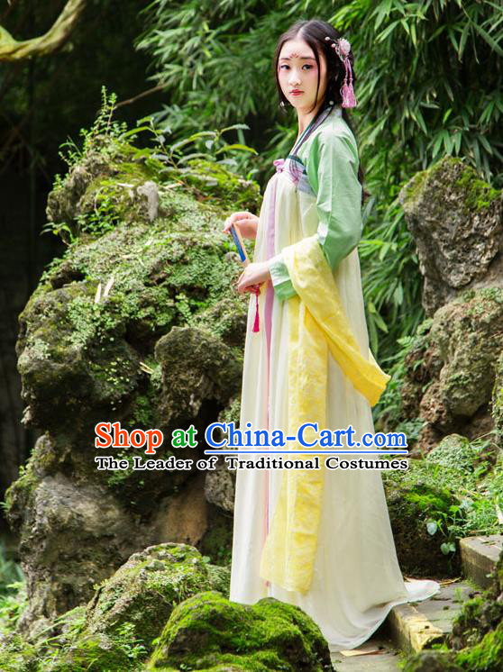 Traditional Chinese Tang Dynasty Imperial Consort Hanfu Costume, China Ancient Green Slip Dress Palace Princess Peri Printing Clothing for Women