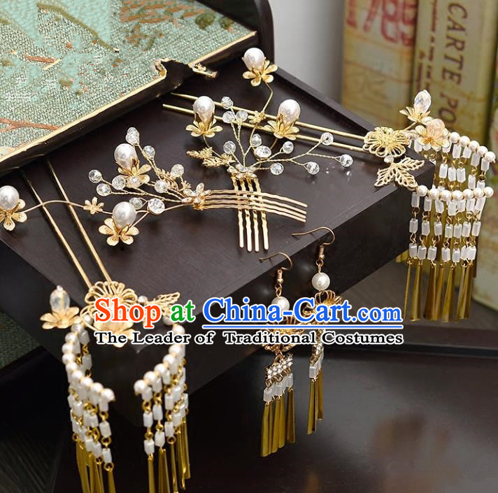 Traditional Handmade Chinese Ancient Wedding Hair Accessories Xiuhe Suit Pearls Tassel Phoenix Coronet Complete Set, Bride Hanfu Hair Sticks Hair Jewellery for Women