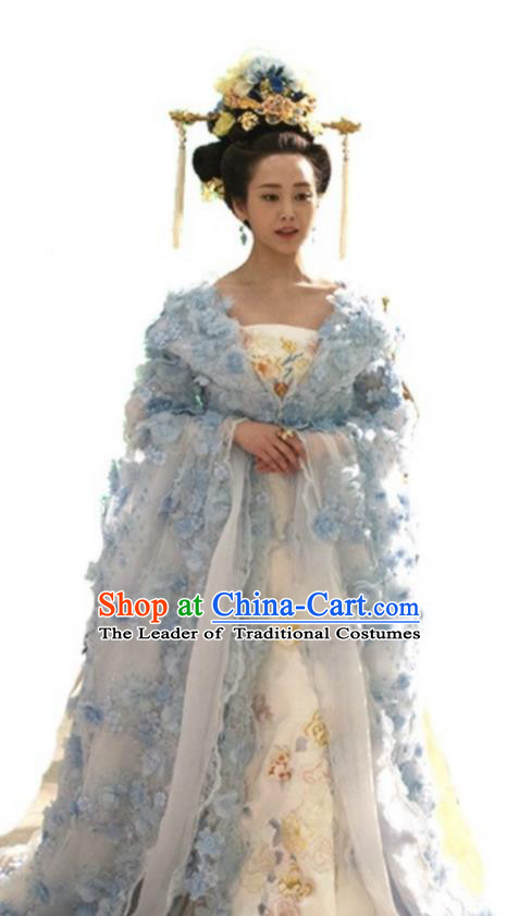 Traditional Chinese Tang Dynasty Imperial Consort Embroidery Costume and Headpiece Complete Set, Once Upon a Time Chinese Ancient Palace Lady Queen Hanfu Dress for Women