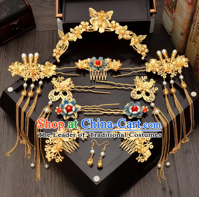 Traditional Handmade Chinese Ancient Wedding Hair Accessories Xiuhe Suit Pearls Phoenix Coronet Complete Set, Bride Tassel Step Shake Hanfu Hairpins Hair Sticks Hair Jewellery for Women