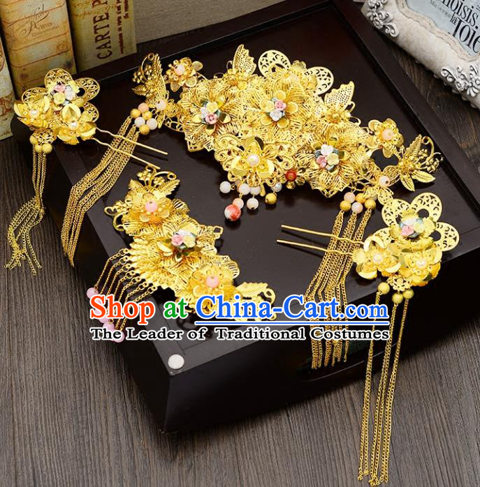 Traditional Handmade Chinese Ancient Wedding Hair Accessories Xiuhe Suit Golden Flowers Forehead Ornament Complete Set, Bride Tassel Step Shake Hanfu Hair Fascinators for Women