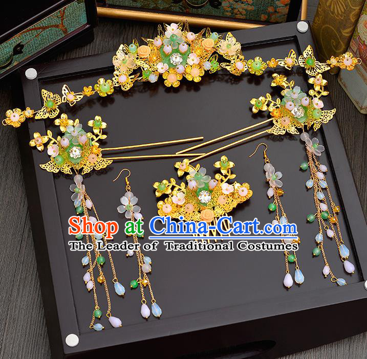 Traditional Handmade Chinese Ancient Wedding Hair Accessories Xiuhe Suit Green Jade Forehead Ornament Complete Set, Bride Tassel Step Shake Hanfu Hair Fascinators for Women