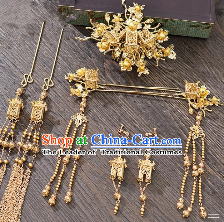Traditional Handmade Chinese Ancient Wedding Hair Accessories Xiuhe Suit Golden Hair Comb Complete Set, Bride Tassel Step Shake Hanfu Hairpins Hair Sticks Hair Jewellery for Women