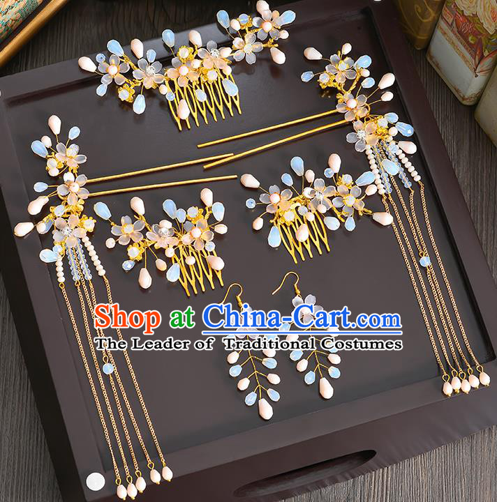 Traditional Handmade Chinese Ancient Wedding Hair Accessories Xiuhe Suit Ancient Costume Opal Phoenix Hairpins Complete Set, Bride Step Shake Hanfu Hair Sticks Hair Fascinators for Women