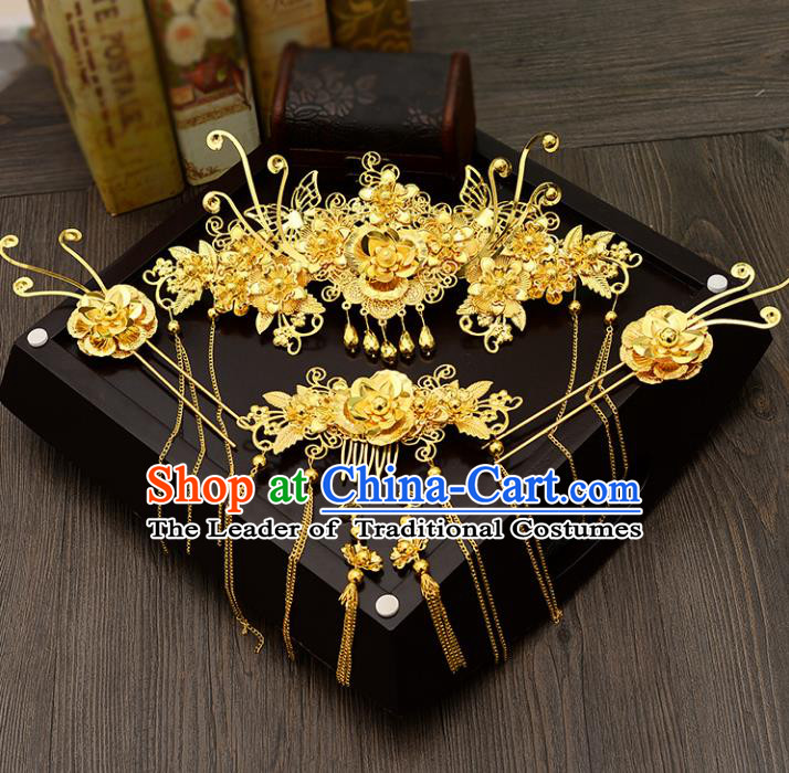 Traditional Handmade Chinese Ancient Costume Wedding Xiuhe Suit Hair Accessories Complete Set Golden Butterfly Phoenix Coronet, Bride Palace Lady Tassel Step Shake Hanfu Hairpins for Women