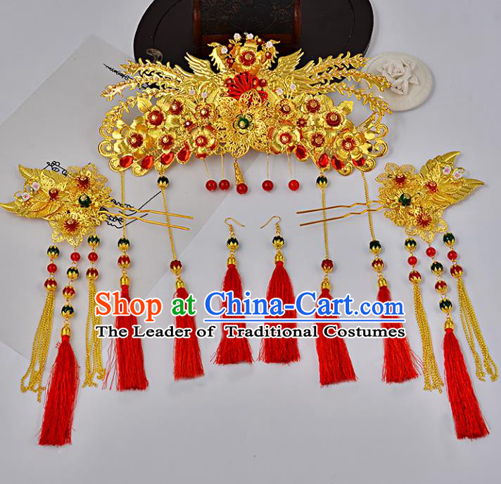 Traditional Handmade Chinese Ancient Costume Wedding Xiuhe Suit Hair Accessories Complete Set Phoenix Coronet, Bride Palace Lady Red Tassel Step Shake Hanfu Hairpins for Women