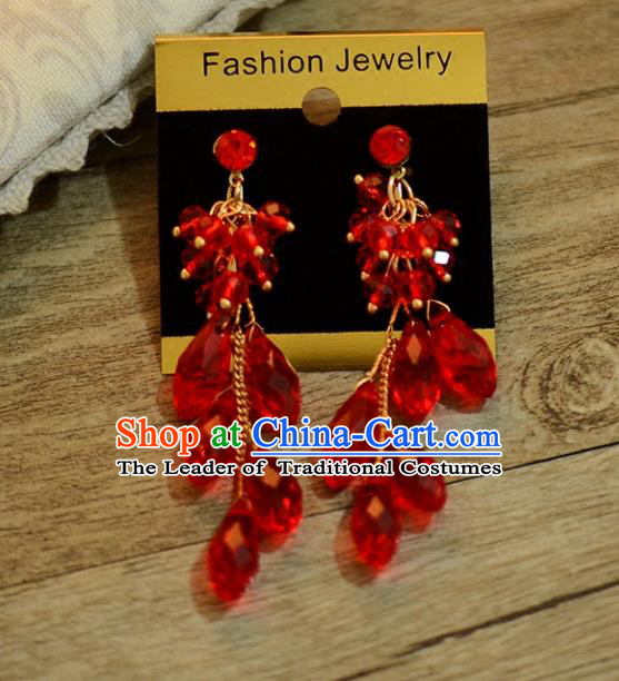 Top Grade Handmade Chinese Classical Jewelry Accessories Wedding Red Crystal Tassel Ear Stud Bride Hanfu Earrings for Women
