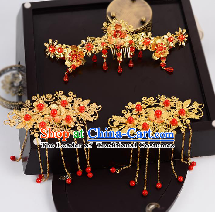 Traditional Handmade Chinese Wedding Xiuhe Suit Bride Red Beads Tassel Phoenix Coronet Hair Accessories Complete Set, Step Shake Hanfu Hairpins for Women