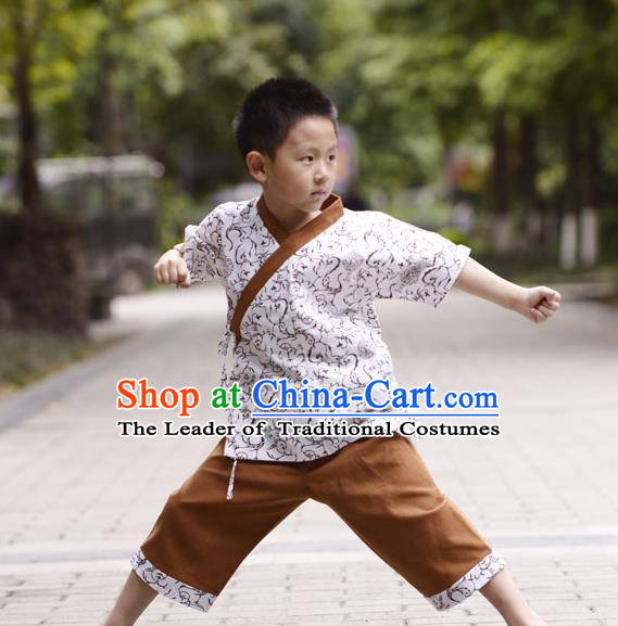 Traditional Chinese Han Dynasty Children Hanfu Kungfu Costume, China Ancient Martial Arts Brown Clothing for Kids