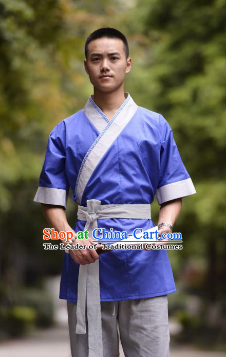 Traditional Chinese Han Dynasty Nobility Childe Hanfu Costume Slant Opening Blue Shirt, China Ancient Martial Arts Upper Garment Clothing for Men