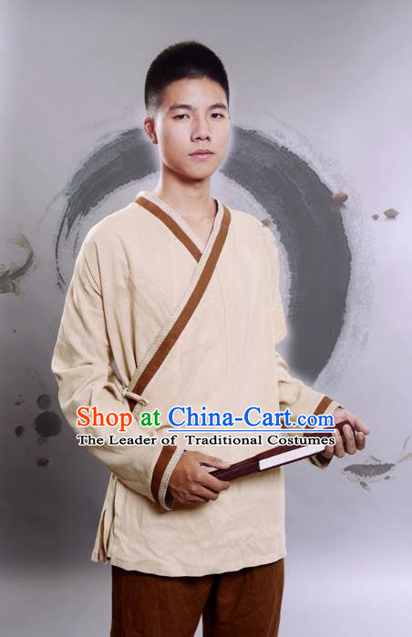 Traditional Chinese Han Dynasty Nobility Childe Hanfu Costume Slant Opening Khaki Linen Shirt, China Ancient Martial Arts Upper Garment Clothing for Men