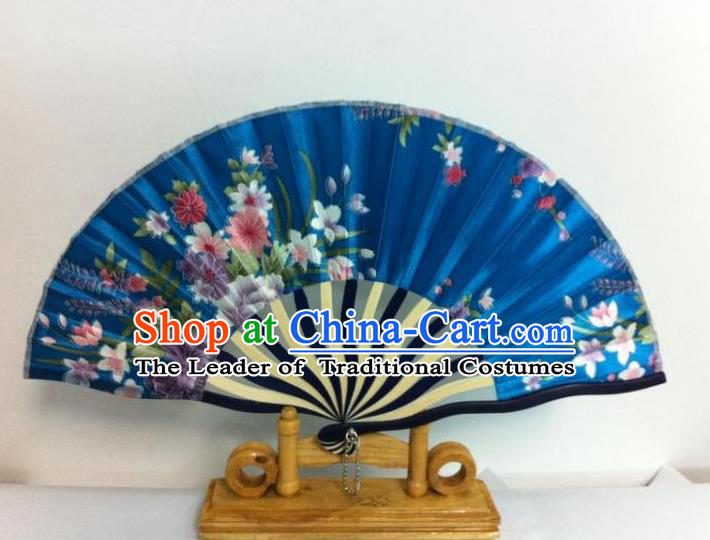 Traditional Chinese Crafts Peking Opera Folding Fan China Sensu Hand Painting Flowers Chinese Blue Silk Dance Fan for Women