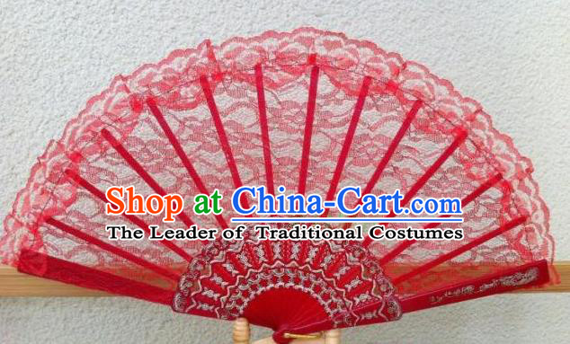 Traditional Chinese Crafts Peking Opera Folding Fan China Sensu Handmade Chinese Dance Red Lace Fan for Women
