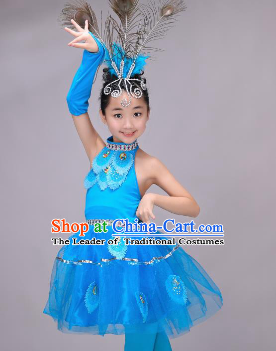 Chinese Dai Nationality Modern Dance Costume, Children Opening Classic Chorus Singing Group Dress Peacock Dance Dress for Girls Kids