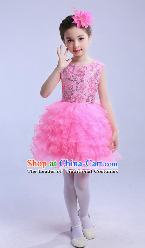 Top Grade Chinese Compere Professional Performance Catwalks Costume, Children Princess Bubble Pink Full Dress Modern Dance Dress for Girls Kids